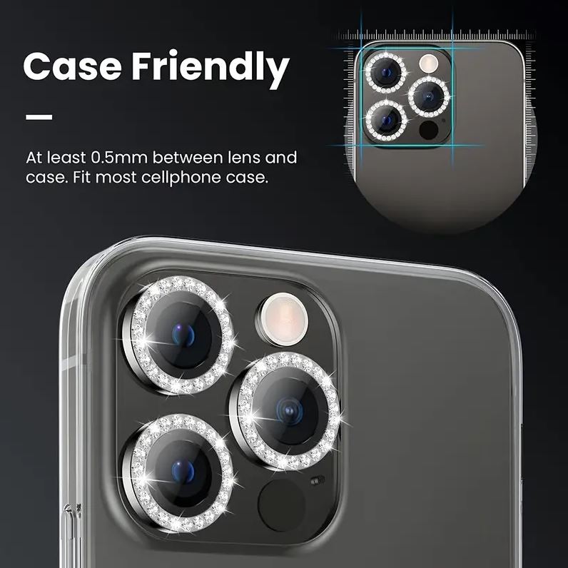 Folie camera cu Strasuri, Individuala, Compatibila iPhone 16 Pro Max, Sticla, Negru