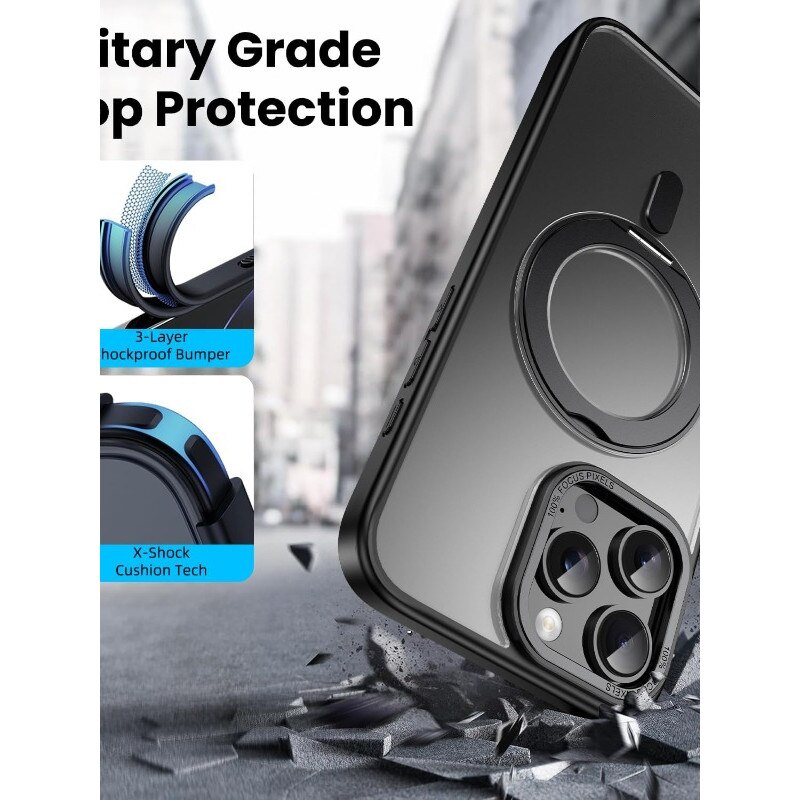 Husa Compatibila Pentru iPhone 17 PRO MAX, MagSafe, Inel Stand Metalic 360°, Incarcare Wireless, Protectie Camera si Ecran, Neagra