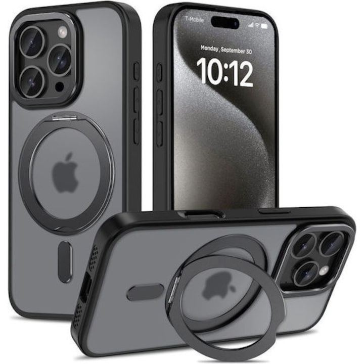 Husa Compatibila Pentru iPhone 17 PRO MAX, MagSafe, Inel Stand Metalic 360°, Incarcare Wireless, Protectie Camera si Ecran, Neagra