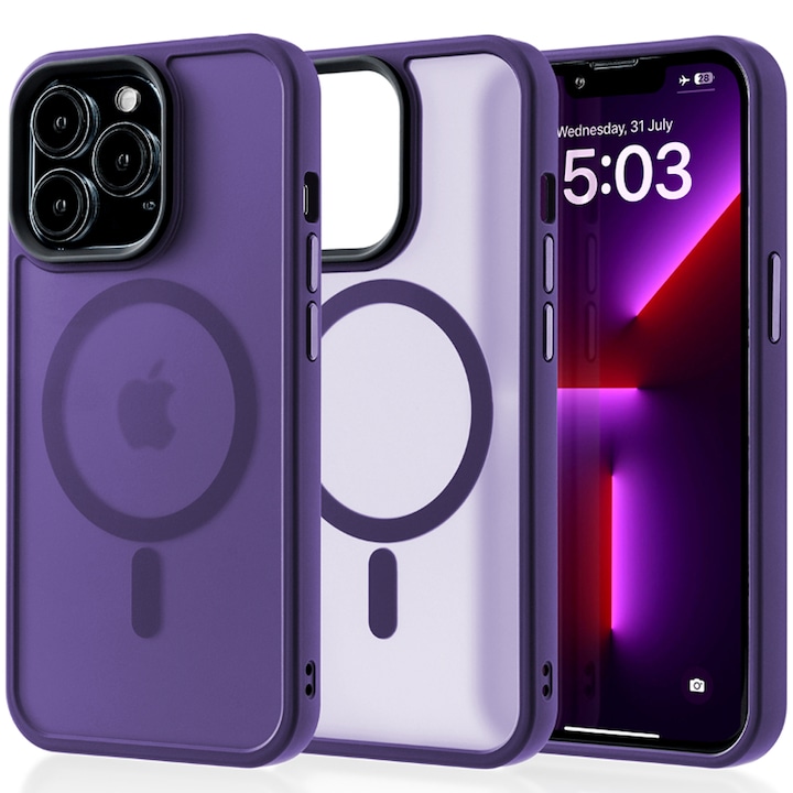 Husa compatibila cu Incarcare Magsafe compatibila cu iPhone 13 Pro, CASEY STUDIOS™, de Protectie, Slim, pentru Incarcare Wireless, Margini Ridicate de Protectia Ecranului si a Camerelor, Mov Inchis