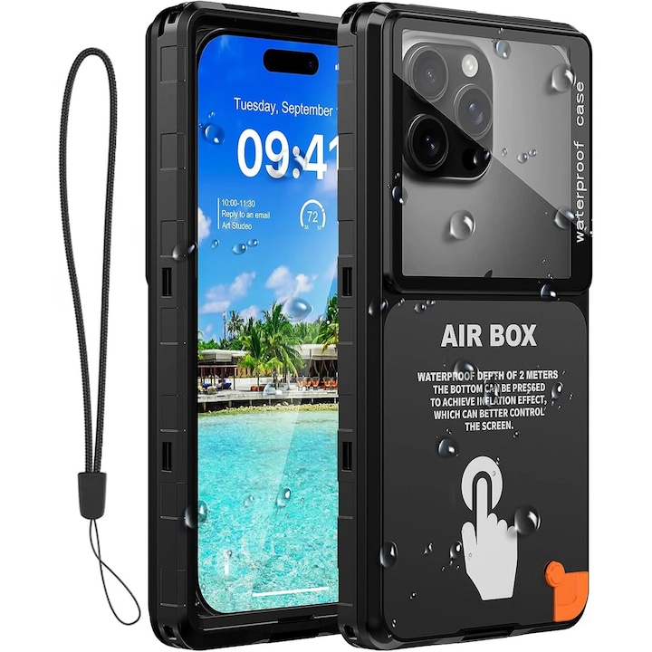 Husa de telefon impermeabila, compatibila cu iPhone 17/16/15/14/13 Pro Max, Samsung Galaxy S25/S24 Ultra, Google/Moto pana la 6.9 inch, protectie subacvatica pentru snorkeling si scufundari, negru