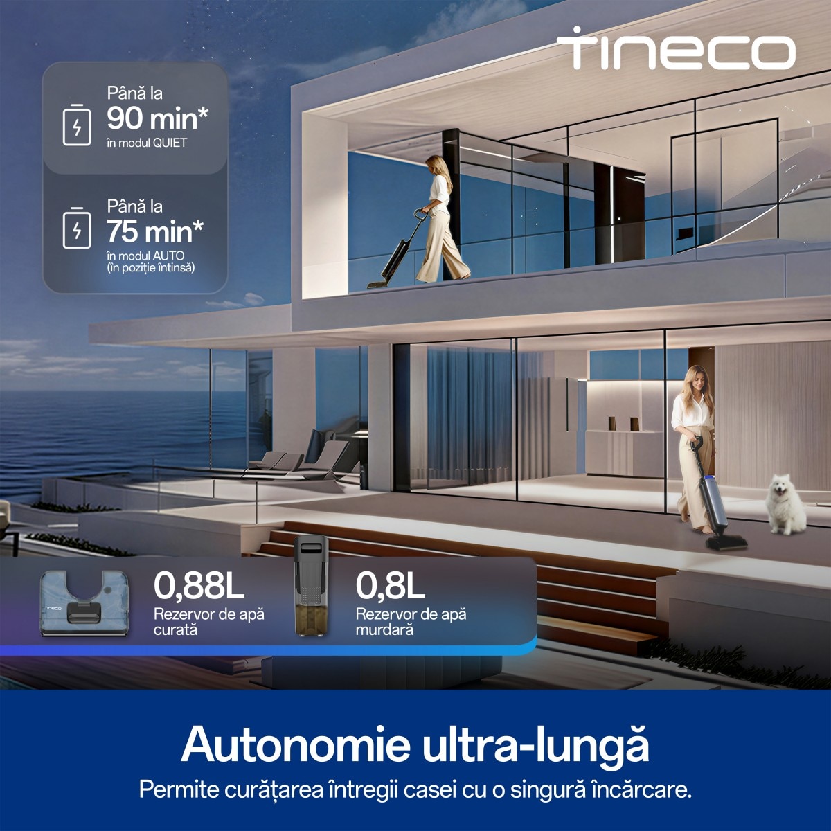 Aspirator Vertical Cu Spalare Tineco Floor One S9 Artist Steam Pro, 230W Putere, 22kPa, Functie Abur 160°C, Autocuratare FlashDry 85°C, Autonomie 75 Min, Argintiu + Card Cadou Solutie de Curatare