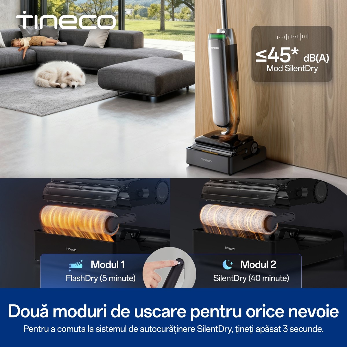 Aspirator Vertical Cu Spalare Tineco Floor One S9 Artist Steam Pro, 230W Putere, 22kPa, Functie Abur 160°C, Autocuratare FlashDry 85°C, Autonomie 75 Min, Argintiu + Card Cadou Solutie de Curatare
