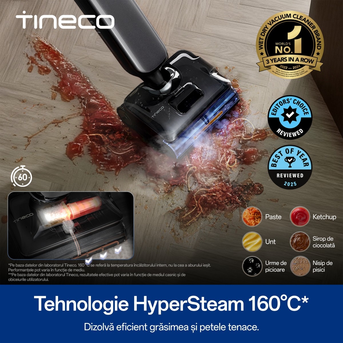 Aspirator Vertical Cu Spalare Tineco Floor One S9 Artist Steam Pro, 230W Putere, 22kPa, Functie Abur 160°C, Autocuratare FlashDry 85°C, Autonomie 75 Min, Argintiu + Card Cadou Solutie de Curatare