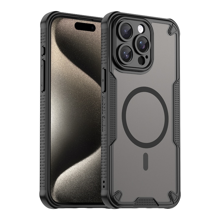 Husa telefon, pentru iPhone 15 Pro Max Armura de magnetic confortabil ulei impermeabil TPU + PC moale Semi-translucentmatte simt, Negru, Transparent