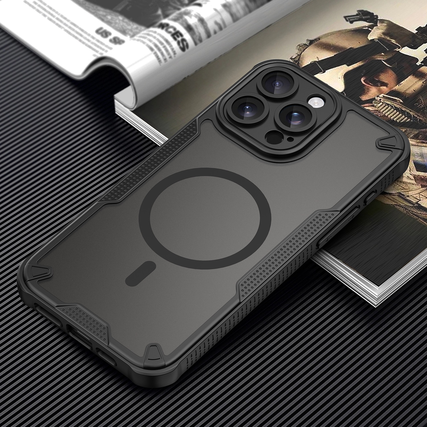 Husa telefon, pentru iPhone 15 Pro Max Armura de magnetic confortabil ulei impermeabil TPU + PC moale Semi-translucentmatte simt, Negru, Transparent