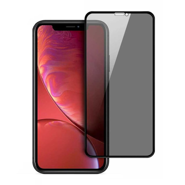 Folie protectie ecran privacy, Planet Tech, Sticla, pentru iPhone 13 / 13 Pro 6.1" / 14 6.1", 5D Full Glue, negru