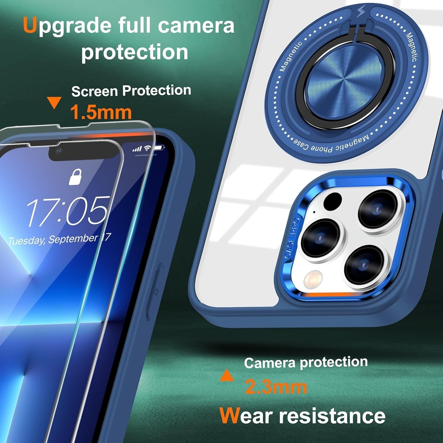 Husa de Protectie TPU, Flippy, pentru iPhone 16 Pro Max, cu Incarcare Wireless, Tehnologie Magsafe, Inel Magnetic Rotativ cu Functie de Suport, Transparent-Albastru Inchis