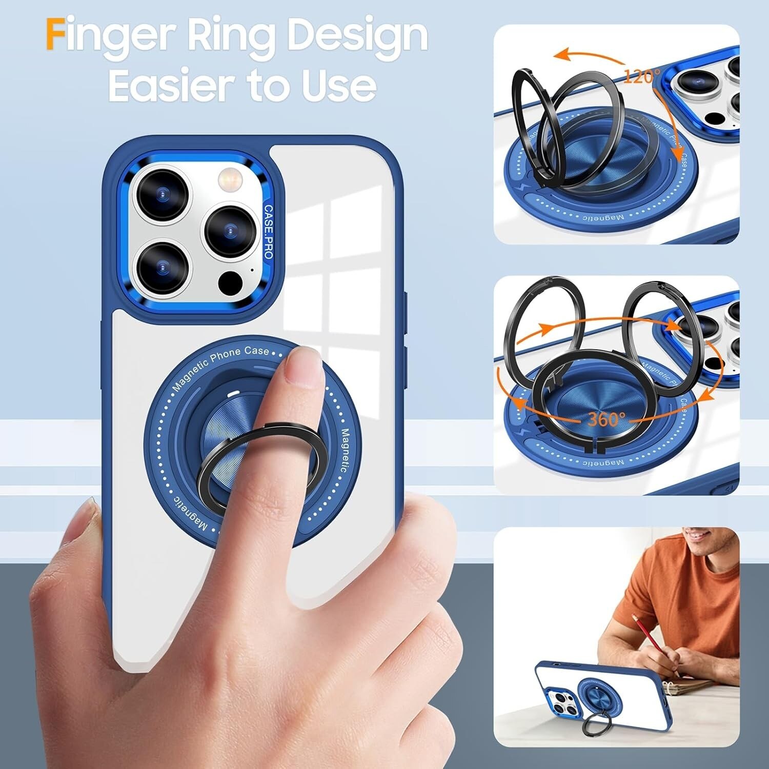 Husa de Protectie TPU, Flippy, pentru iPhone 16 Pro Max, cu Incarcare Wireless, Tehnologie Magsafe, Inel Magnetic Rotativ cu Functie de Suport, Transparent-Albastru Inchis
