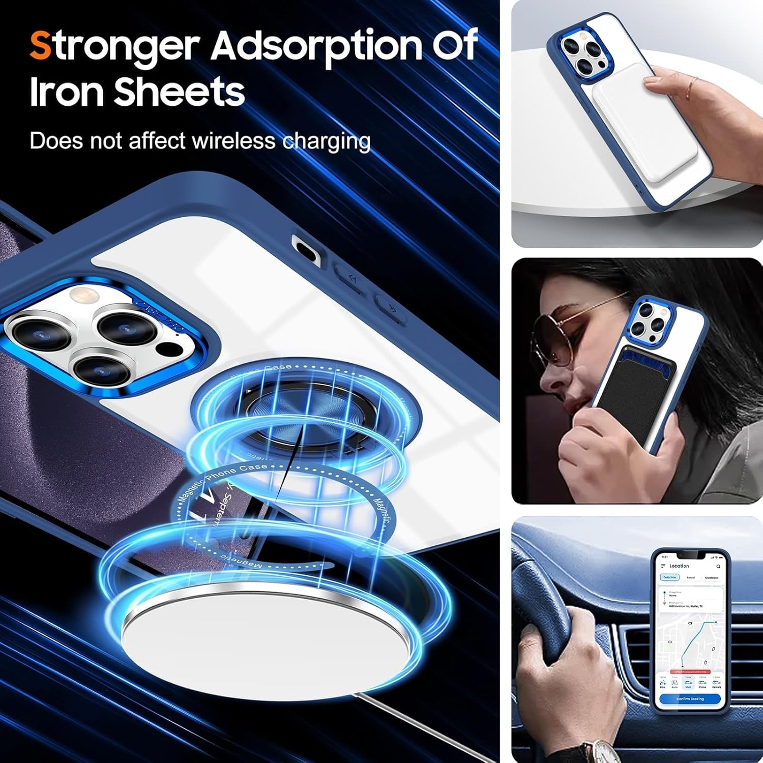 Husa de Protectie TPU, Flippy, pentru iPhone 16 Pro Max, cu Incarcare Wireless, Tehnologie Magsafe, Inel Magnetic Rotativ cu Functie de Suport, Transparent-Albastru Inchis