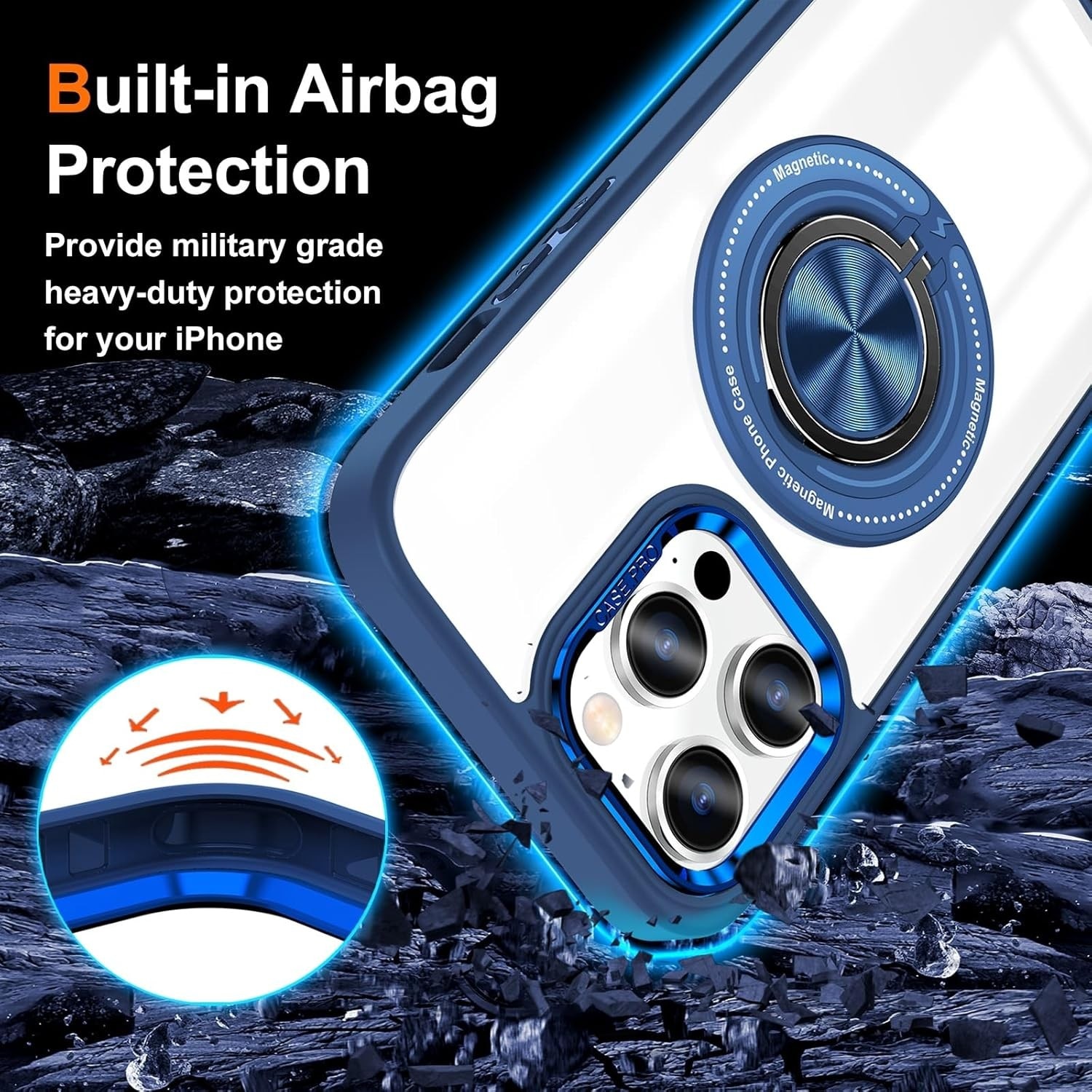 Husa de Protectie TPU, Flippy, pentru iPhone 16 Pro Max, cu Incarcare Wireless, Tehnologie Magsafe, Inel Magnetic Rotativ cu Functie de Suport, Transparent-Albastru Inchis