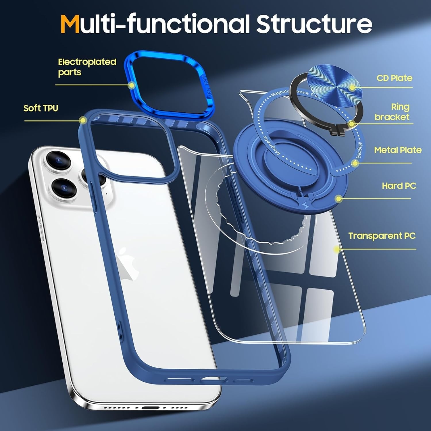 Husa de Protectie TPU, Flippy, pentru iPhone 16 Pro Max, cu Incarcare Wireless, Tehnologie Magsafe, Inel Magnetic Rotativ cu Functie de Suport, Transparent-Albastru Inchis