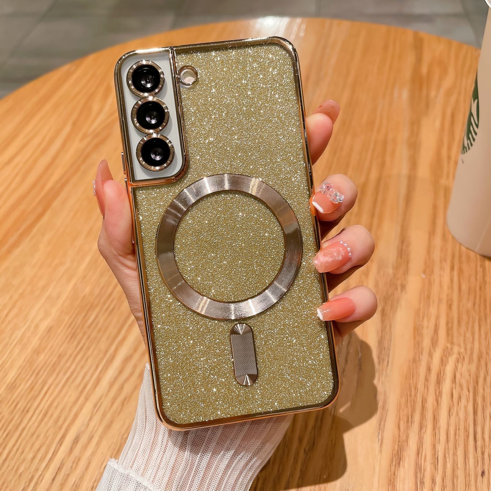 Husa de Protectie 2 in 1, Flippy, Husa pentru Samsung Galaxy S23 Ultra, Glitter Chrome Magsafe, din TPU, Magnetica, cu Protectie Lentila, Auriu