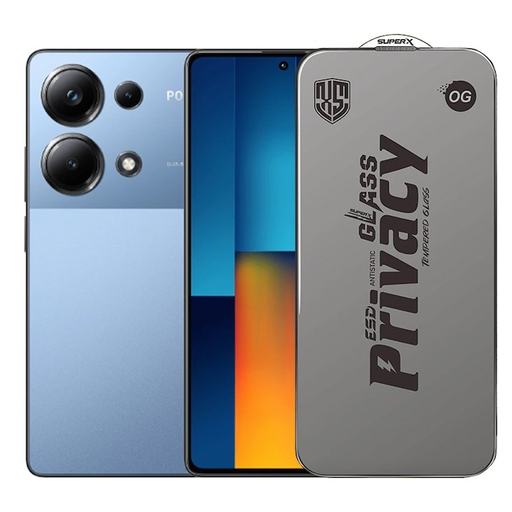 Folie de Protectie pentru Xiaomi Poco M6 Pro, Flippy, Sticla Securizata ESD Antistatica, Super-X Privacy OG, Margini Negre, 0.30 mm, Transparent Inchis