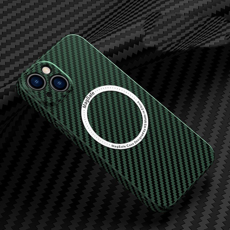 Husa de protectie pentru iPhone 14 Pro, Flippy, Magnetica, MagSafe, Carbon Fiber Protectie Antisoc, Verde