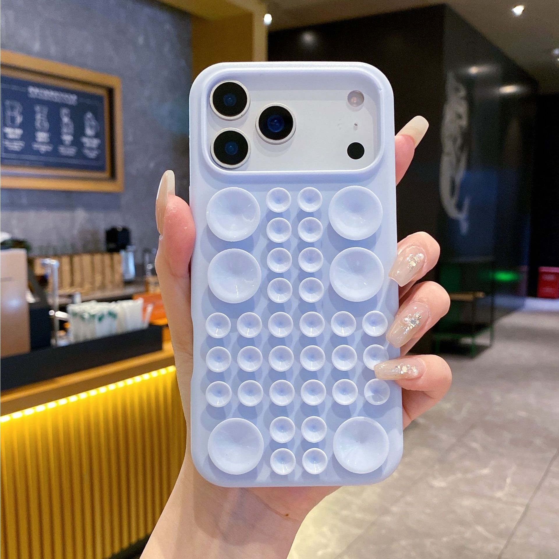 Husa cu Ventuze, Flippy, Compatibila iPhone 17, din Silicon, Interior Microfibra, Albastru Gri
