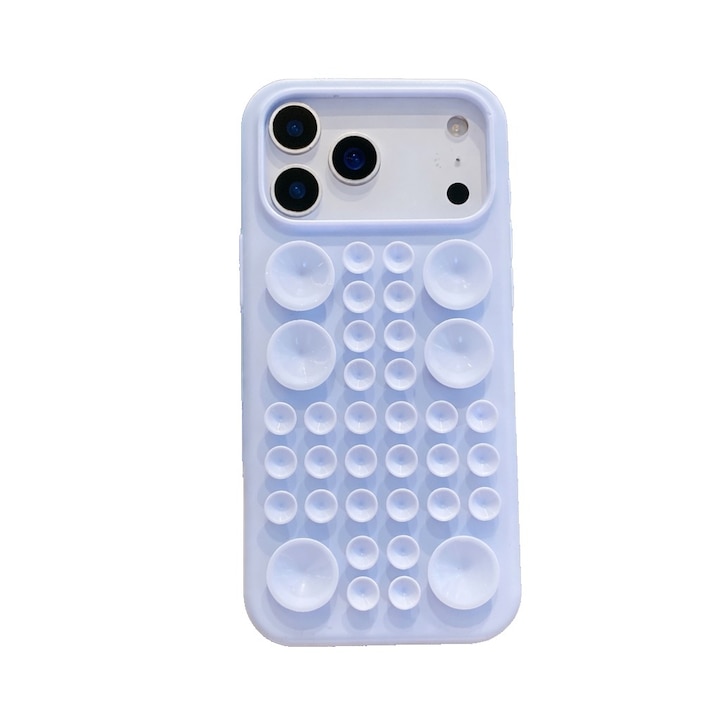 Husa cu Ventuze, Flippy, Compatibila iPhone 17, din Silicon, Interior Microfibra, Albastru Gri