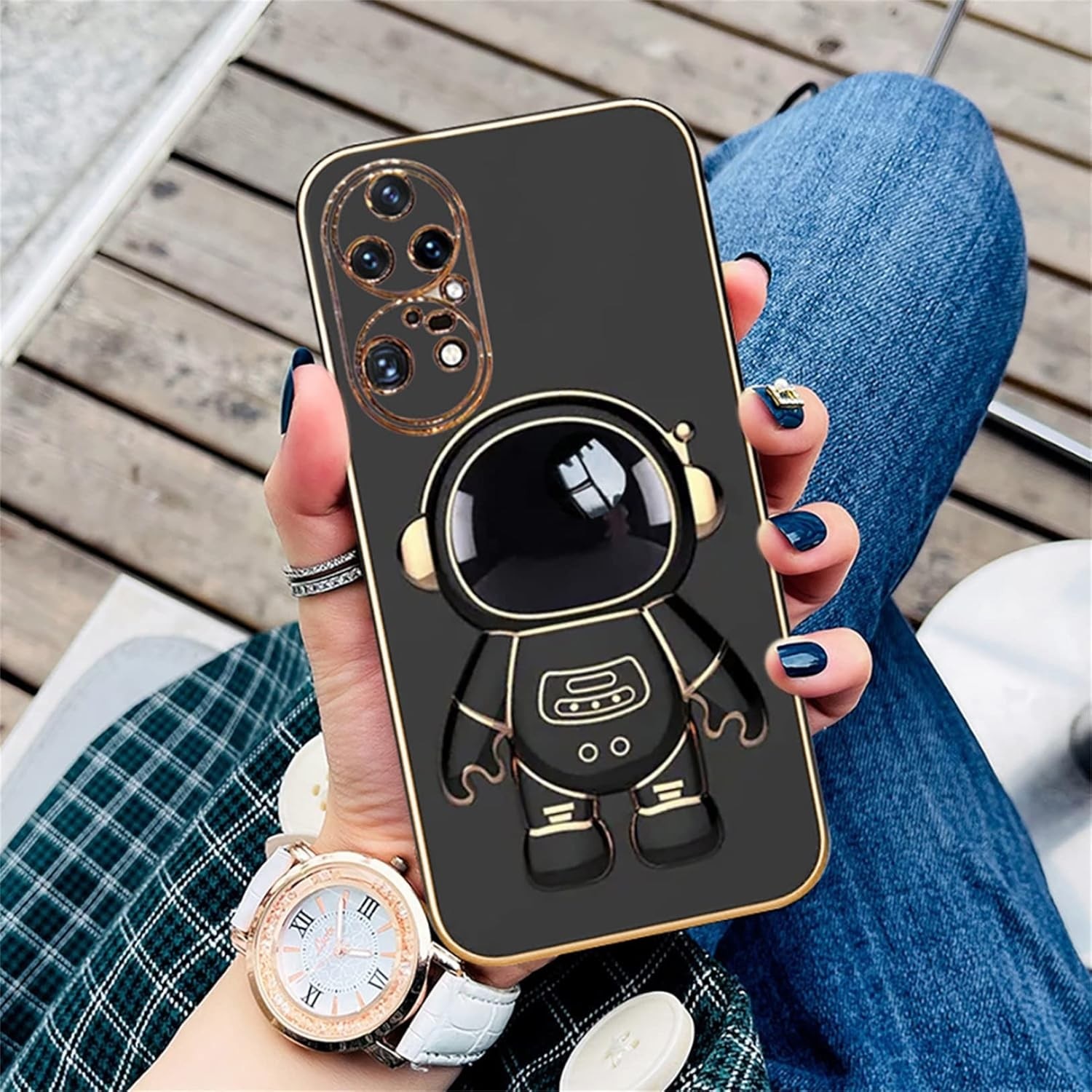 Husa Telefon 2in1, Flippy, Compatibila Huawei P60 Pro, Carcasa TPU cu Suport Inclus Tip Astronaut, Protectie Camere, Negru