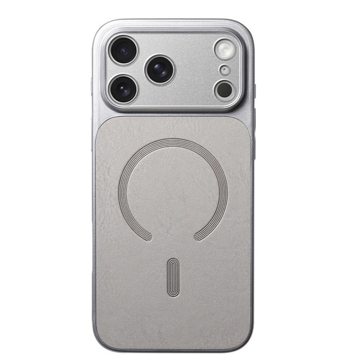 Carcasa Magnetica Mata, Flippy, Compatibila iPhone 17, din TPU/PC si Piele Ecologica, Argintiu