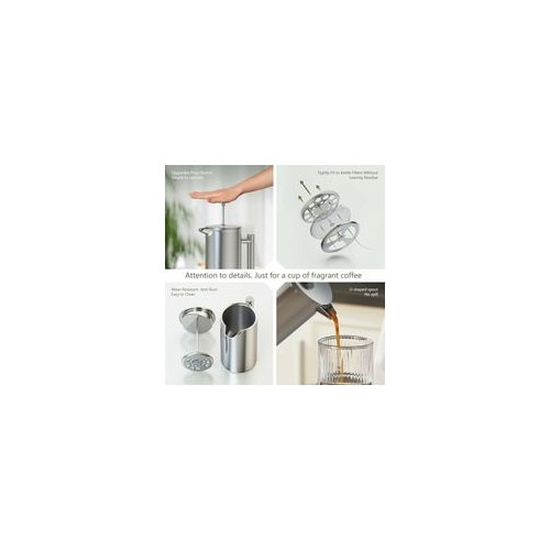 Cafetiera cu piston din otel inoxidabil 304, izolatie dubla, filtru triplu din inox, 1000 ml, otel periat, 18,5 × 9,5 cm