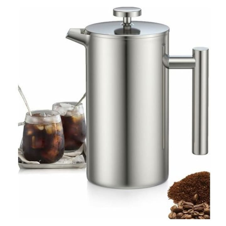Cafetiera cu piston din otel inoxidabil 304, izolatie dubla, filtru triplu din inox, 1000 ml, otel periat, 18,5 × 9,5 cm