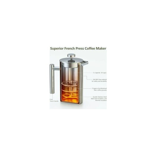 Cafetiera cu piston din otel inoxidabil 304, izolatie dubla, filtru triplu din inox, 1000 ml, otel periat, 18,5 × 9,5 cm