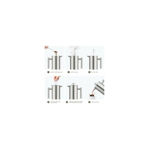 Cafetiera cu piston din otel inoxidabil 304, izolatie dubla, filtru triplu din inox, 1000 ml, otel periat, 18,5 × 9,5 cm