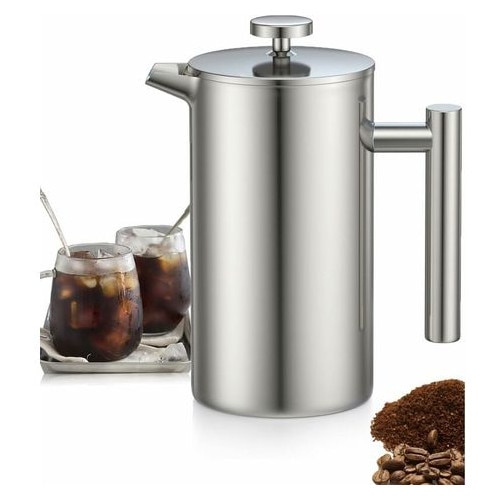Cafetiera cu piston din otel inoxidabil 304, izolatie dubla, filtru triplu din inox, 1000 ml, otel periat, 18,5 × 9,5 cm