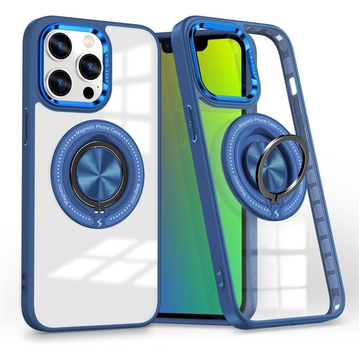 Husa de Protectie TPU, Flippy, pentru iPhone 16 Pro, cu Incarcare Wireless, Tehnologie Magsafe, Inel Magnetic Rotativ cu Functie de Suport, Transparent-Albastru Inchis