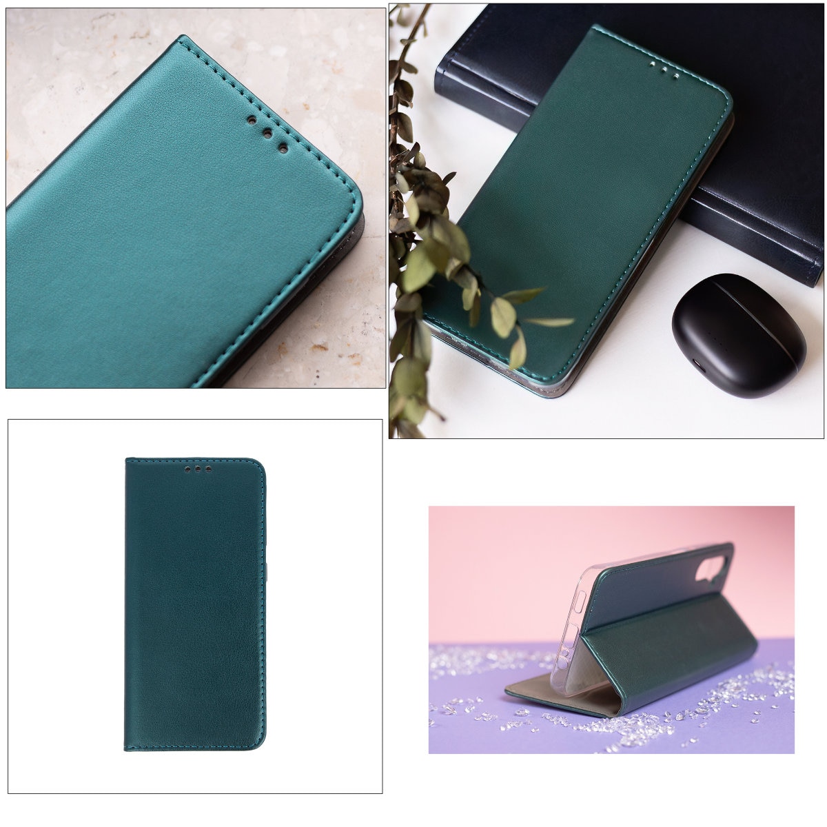 Husa tip carte, compatibila cu Samsung Galaxy A06, premium flip book cu inchidere magnetica si functie stand, buzunar card, verde inchis