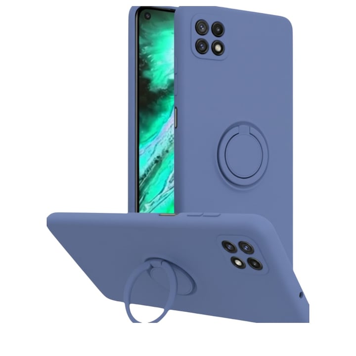 Husa Silicone Ring, pentru Samsung Galaxy A22 5G, inel rotativ, stand si grip, microfibra, Albastru Inchis