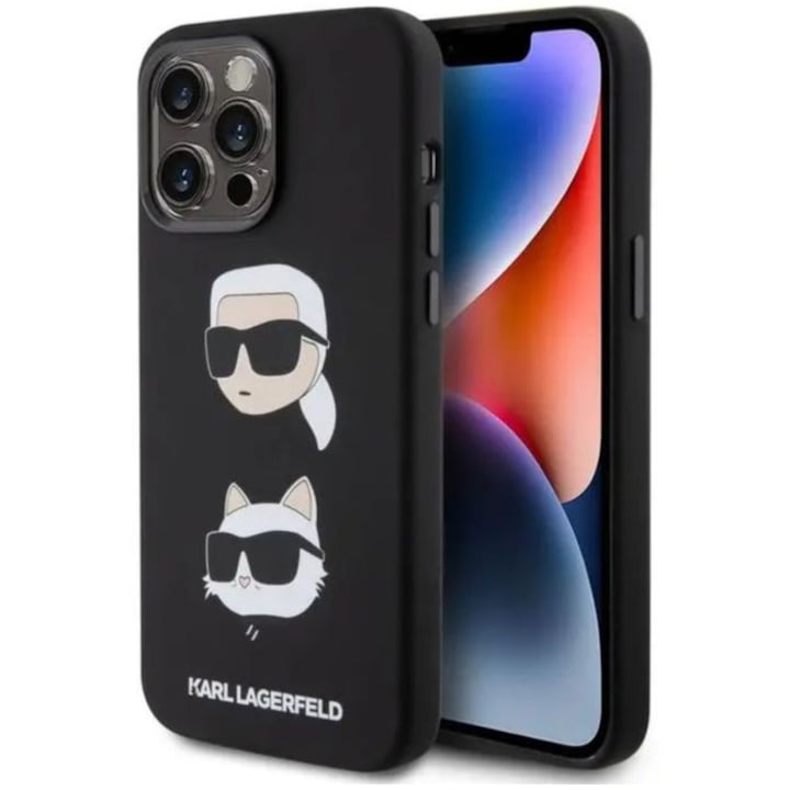 Husa de protectie Cover Karl Lagerfeld Liquid Silicone Karl and Choupette Heads pentru iPhone 15 Pro, Negru