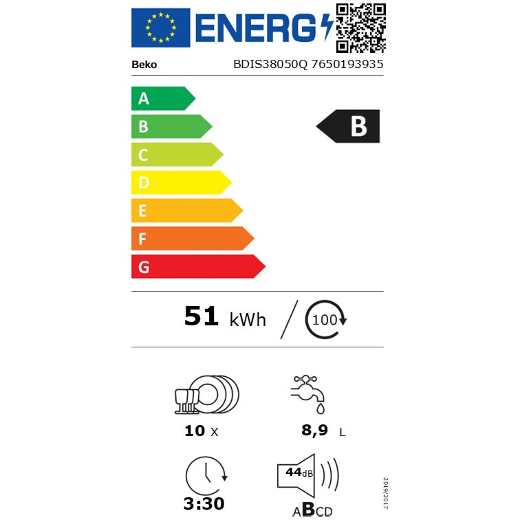 RESIGILAT: Masina de spalat vase incorporabila Beko BDIS38050Q, 10 seturi, 6 programe, 45 cm, Clasa B, AquaIntense, Fast+