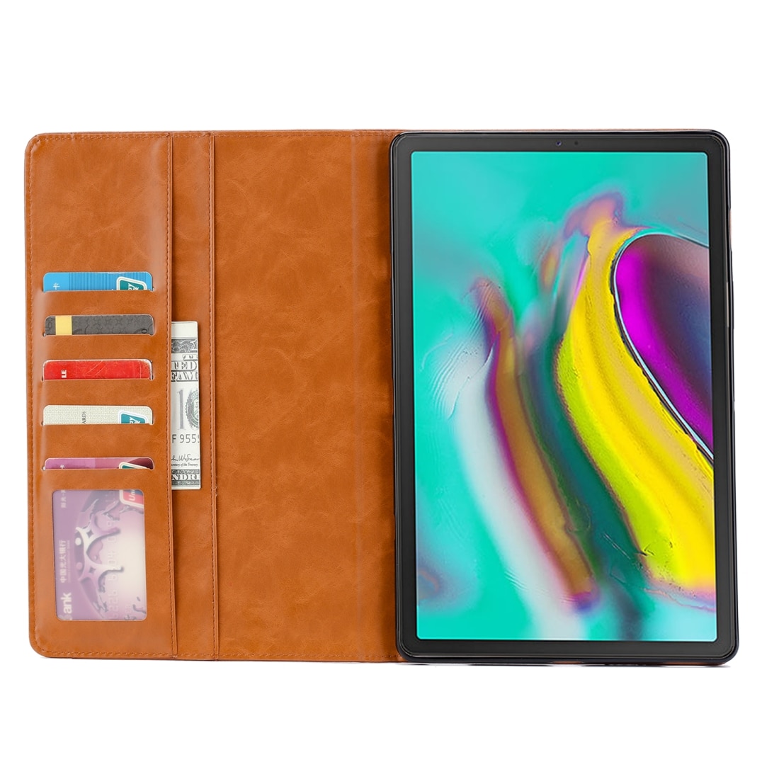 Husa tableta pentru Galaxy Tab A 10.1 2019 T515 / T510, textura piele, deschidere orizontala, cu rama foto, suport, sloturi pentru carduri, portofel, maro