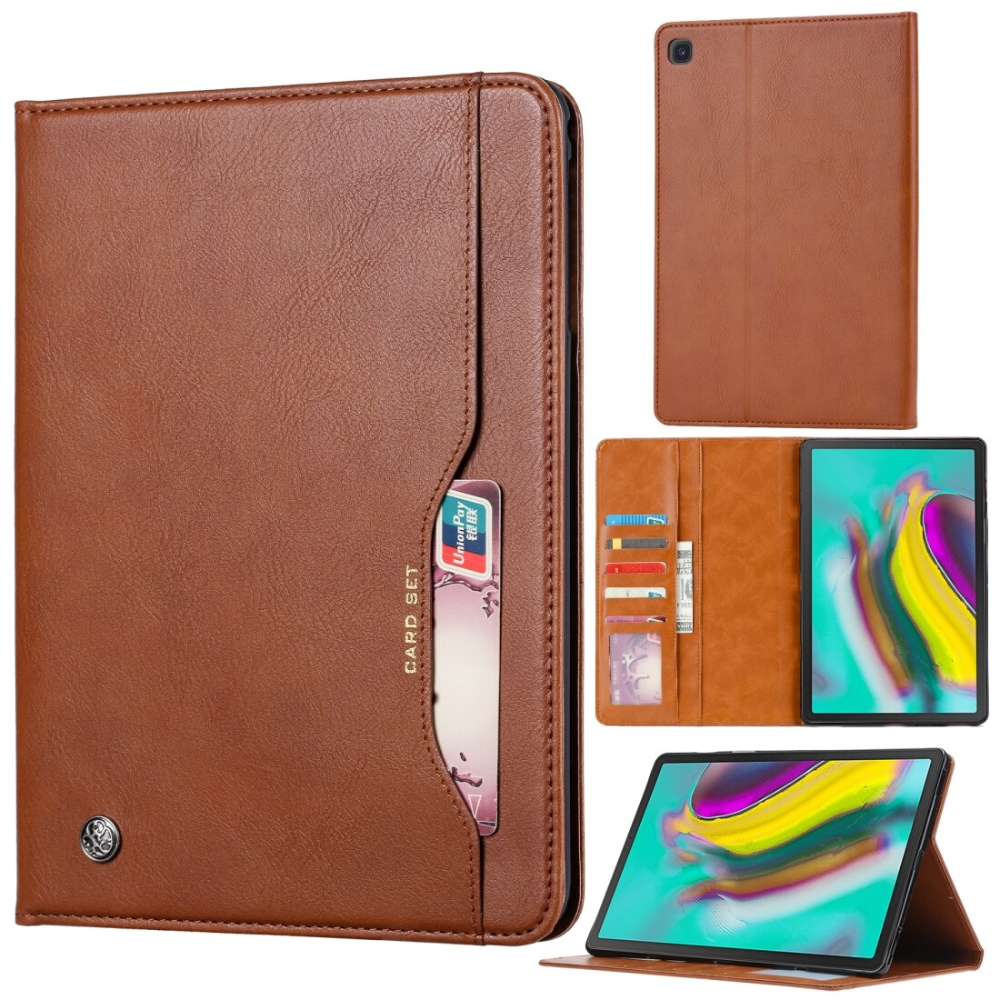 Husa tableta pentru Galaxy Tab A 10.1 2019 T515 / T510, textura piele, deschidere orizontala, cu rama foto, suport, sloturi pentru carduri, portofel, maro