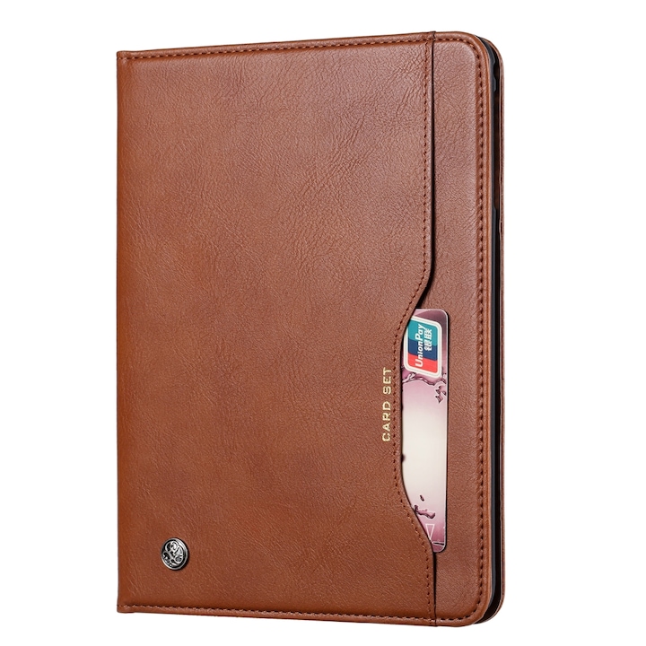 Husa tableta pentru Galaxy Tab A 10.1 2019 T515 / T510, textura piele, deschidere orizontala, cu rama foto, suport, sloturi pentru carduri, portofel, maro