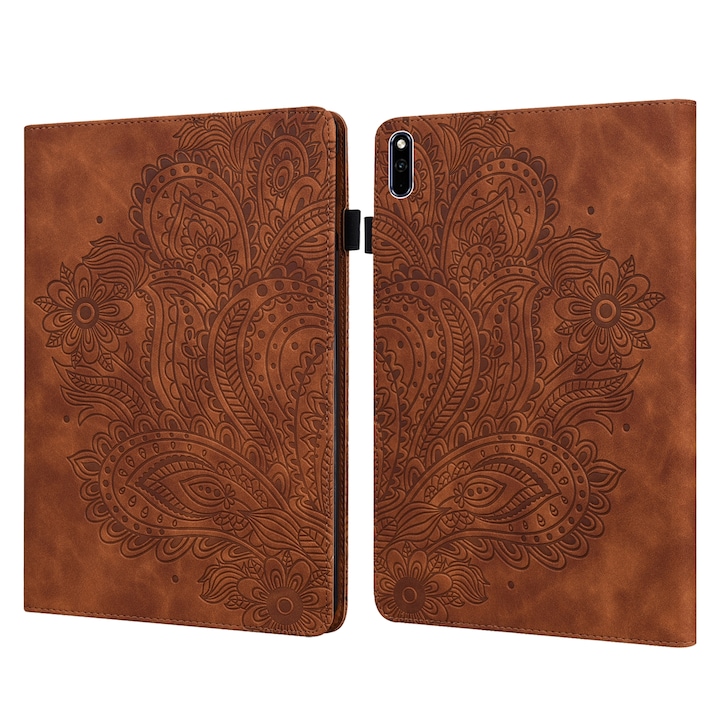Husa tableta pentru Huawei MatePad 10.4, piele PU + TPU, tip carte cu suport si buzunare carduri, model embosat paun, somn/trezire, Maro