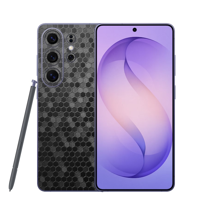 Folie iSkinz pentru Samsung Galaxy S26 Ultra - Honeycomb Negru Black, Split Cut, Skin Adeziv Cover, Protectie pentru Carcasa Spate si Laterale