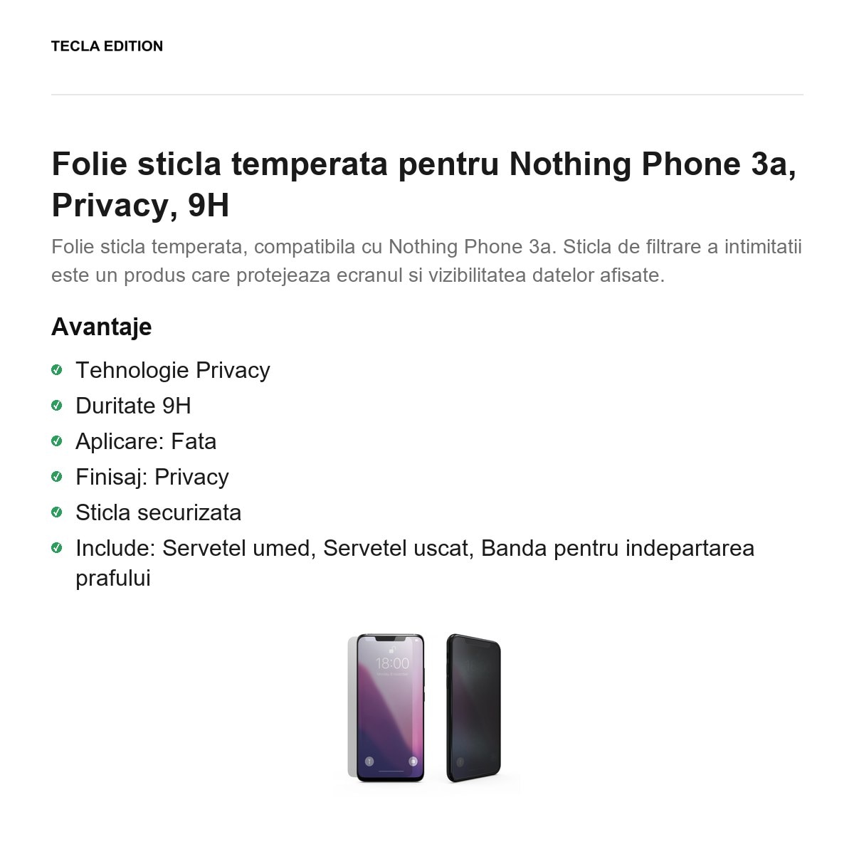Folie sticla temperata pentru Nothing Phone 3a, Privacy, 9H