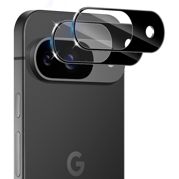 Folie sticla calita 9H pentru lentila camera Google Pixel 9, pachet 2 buc, HD transparent fara bule, negru, rezistenta la zgarieturi, instalare precisa