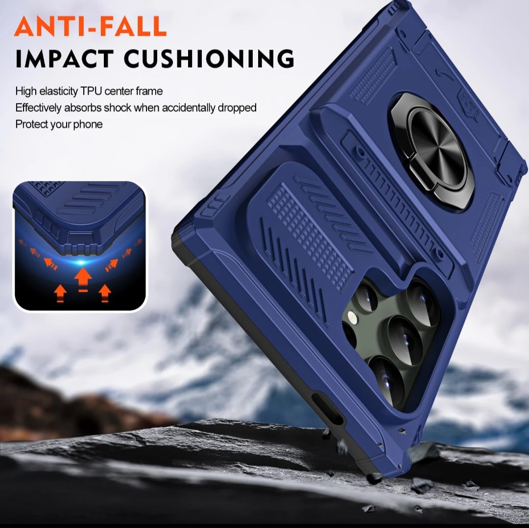 Husa Pentru Samsung Galaxy S25 Ultra Antishock Premium cu Ring Magnetic Rotativ si Slot Card, PC + TPU, Protectie 360°, Anti-Alunecare, Suport Stand, Albastra