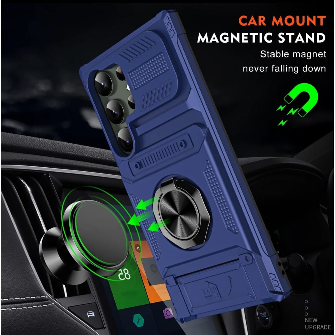 Husa Pentru Samsung Galaxy S25 Ultra Antishock Premium cu Ring Magnetic Rotativ si Slot Card, PC + TPU, Protectie 360°, Anti-Alunecare, Suport Stand, Albastra