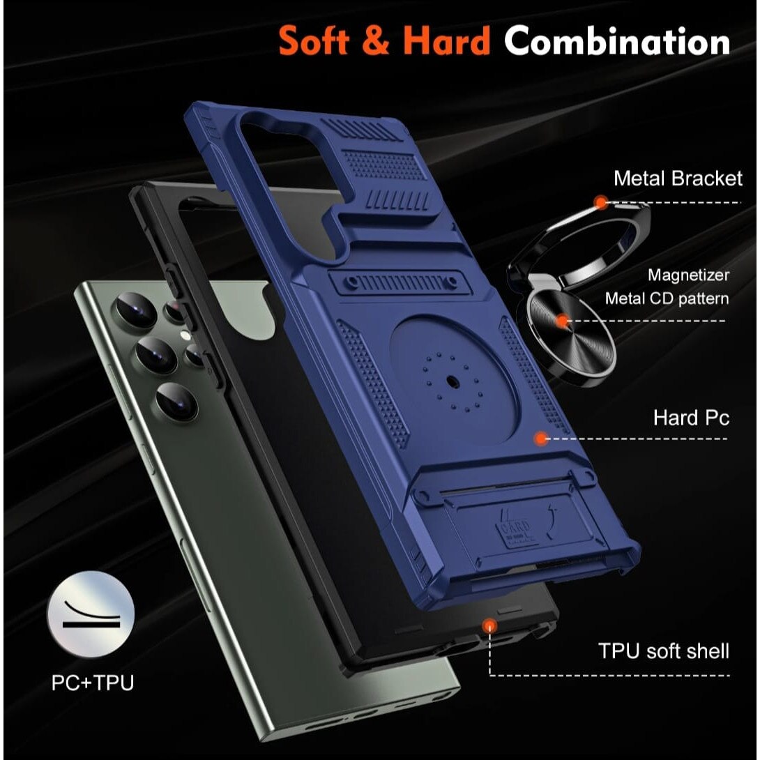 Husa Pentru Samsung Galaxy S25 Ultra Antishock Premium cu Ring Magnetic Rotativ si Slot Card, PC + TPU, Protectie 360°, Anti-Alunecare, Suport Stand, Albastra