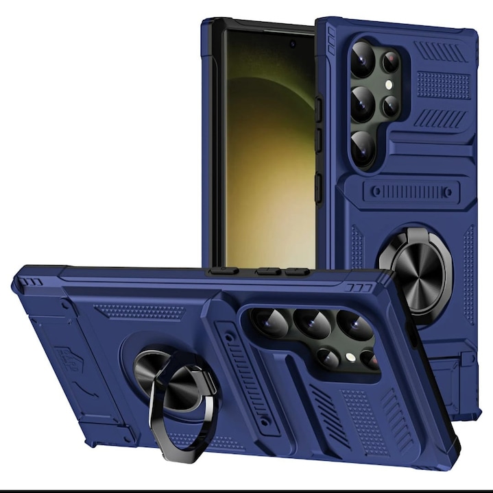 Husa Pentru Samsung Galaxy S25 Ultra Antishock Premium cu Ring Magnetic Rotativ si Slot Card, PC + TPU, Protectie 360°, Anti-Alunecare, Suport Stand, Albastra