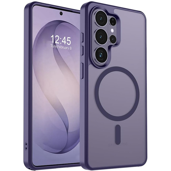 Husa magnetica pentru Samsung S26 Plus, semi-transparenta, mov, decupaj mare pentru camera, potrivire precisa