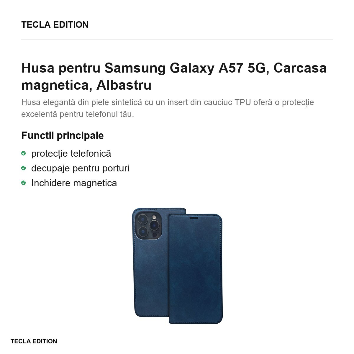 Husa Smart Suede pentru Samsung Galaxy A57 5G, tip carte cu inchidere magnetica, Albastru