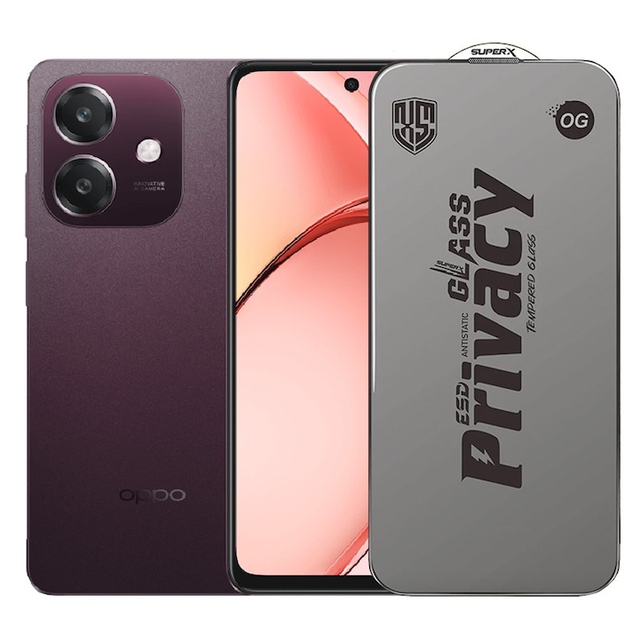Folie de Protectie pentru Oppo A3, Flippy, Sticla Securizata ESD Antistatica, Super-X Privacy OG, Margini Negre, 0.30 mm, Transparent Inchis