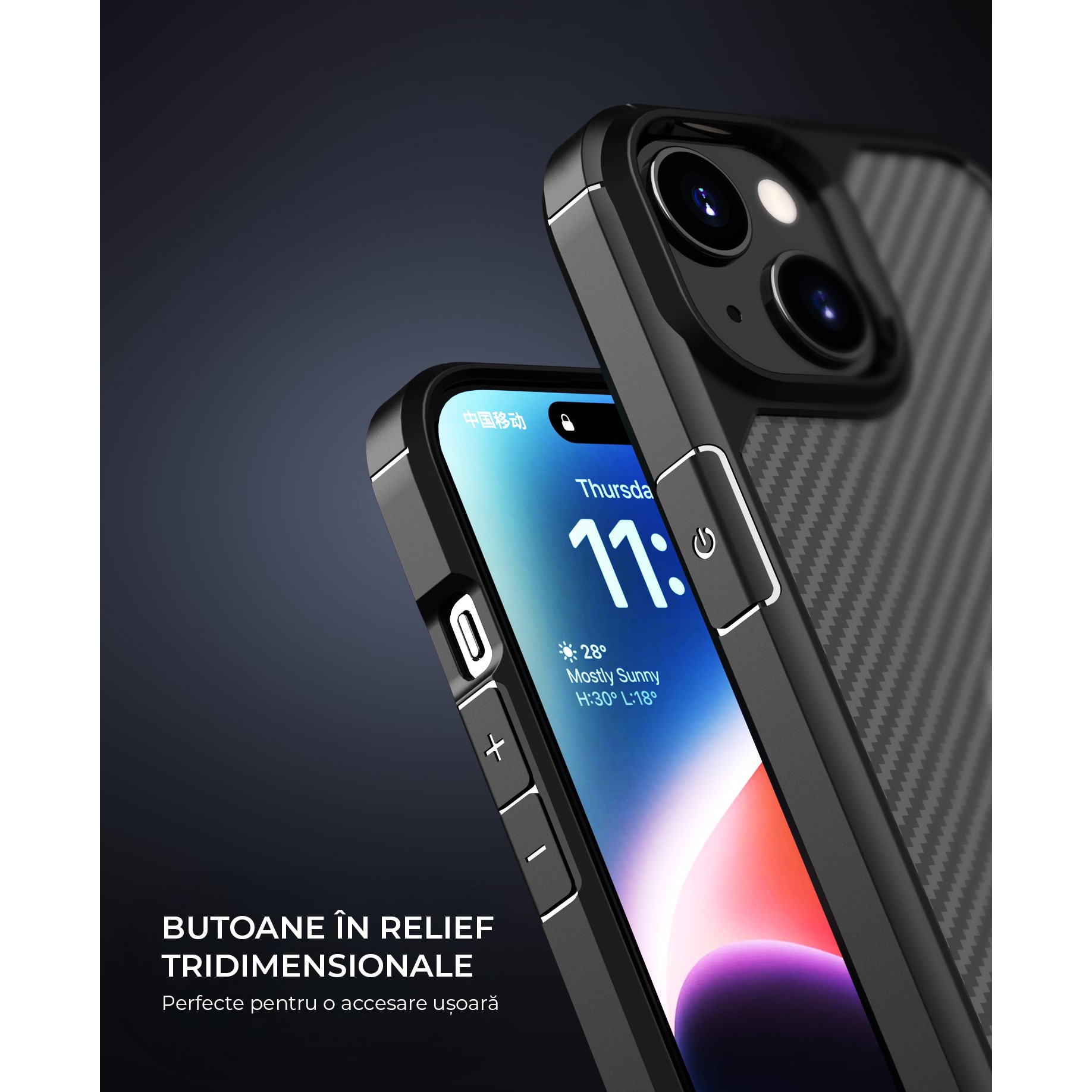 Husa de protectie pentru iPhone 13 Mini, Kribo CarbonWave, Premium Fit, Anti-soc, textura carbon, carcasa spate, compatibila cu incarcarea wireless, negru