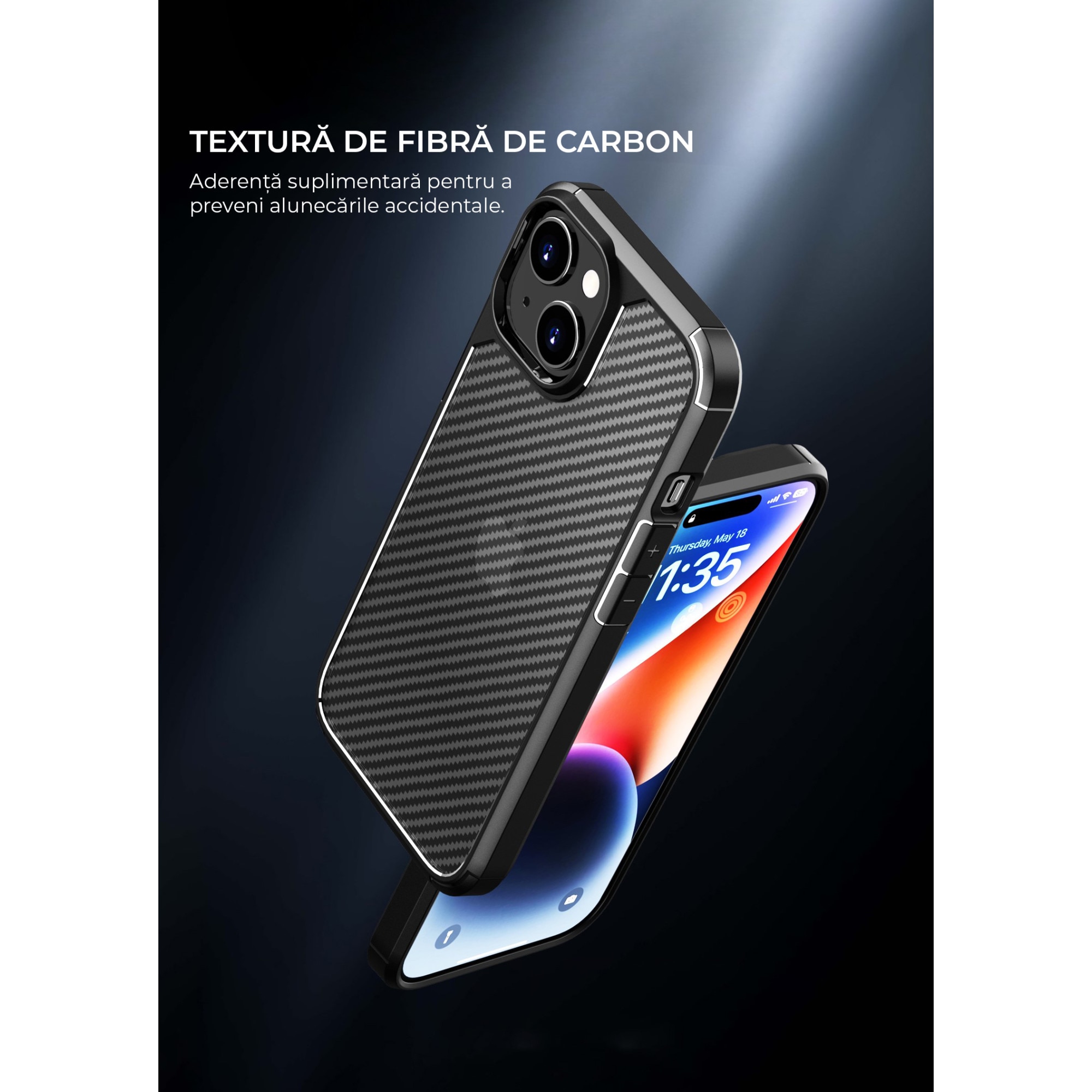 Husa de protectie pentru iPhone 13 Mini, Kribo CarbonWave, Premium Fit, Anti-soc, textura carbon, carcasa spate, compatibila cu incarcarea wireless, negru