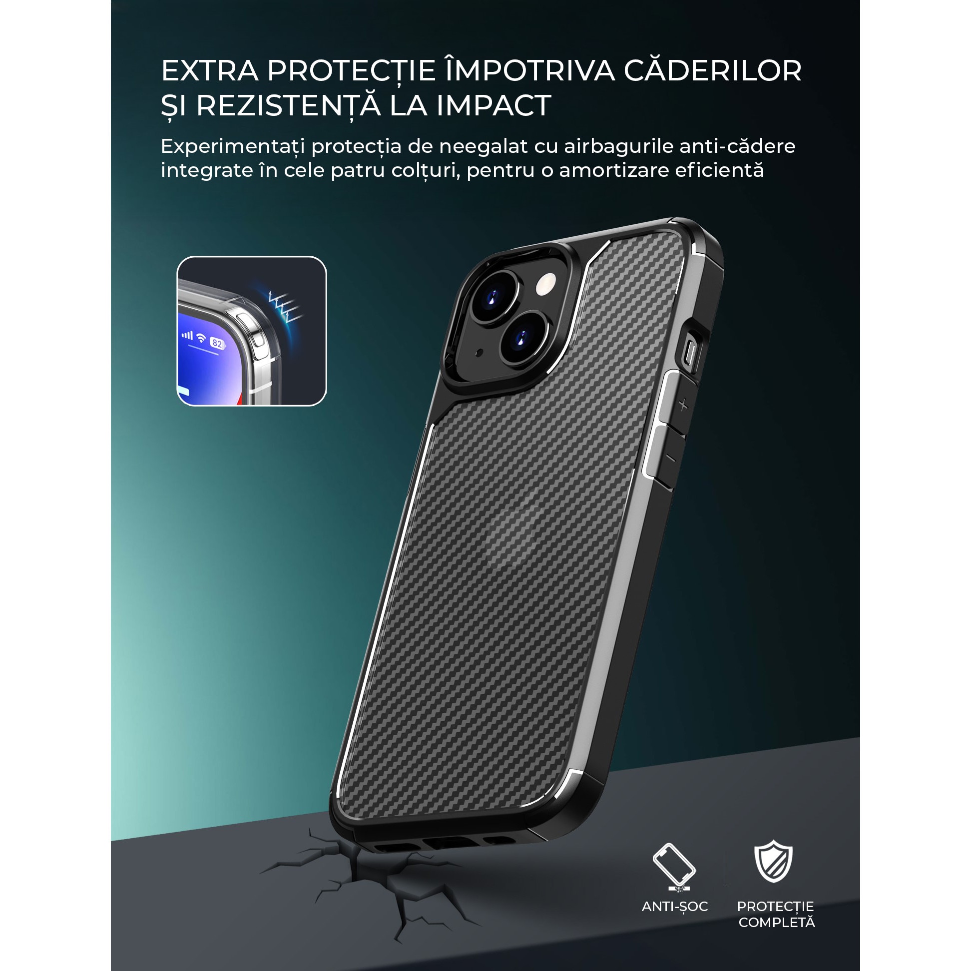 Husa de protectie pentru iPhone 13 Mini, Kribo CarbonWave, Premium Fit, Anti-soc, textura carbon, carcasa spate, compatibila cu incarcarea wireless, negru